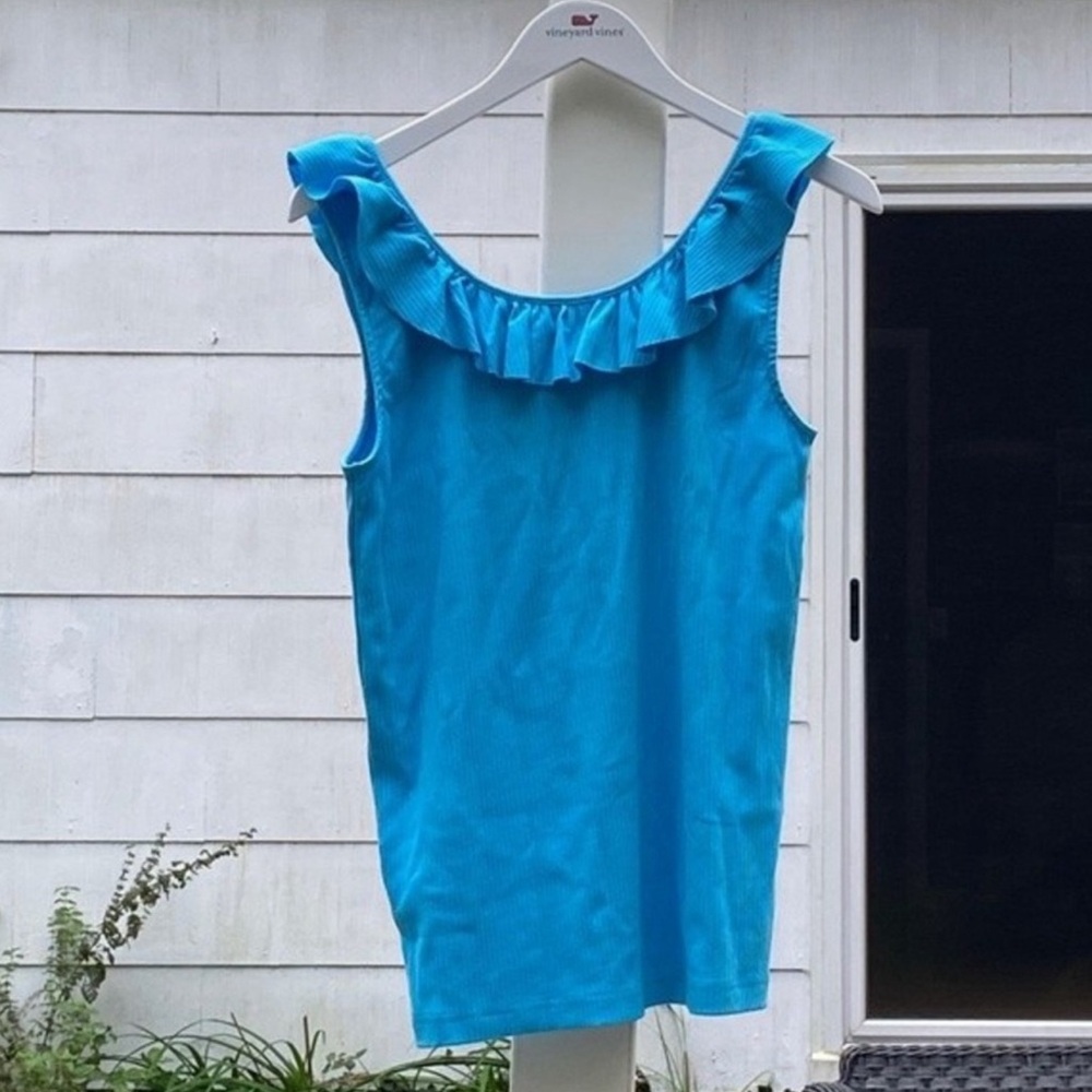 LAST CHANCE! J Crew Ruffle Neck Ribbed Blue Tank - Picture 2 of 3